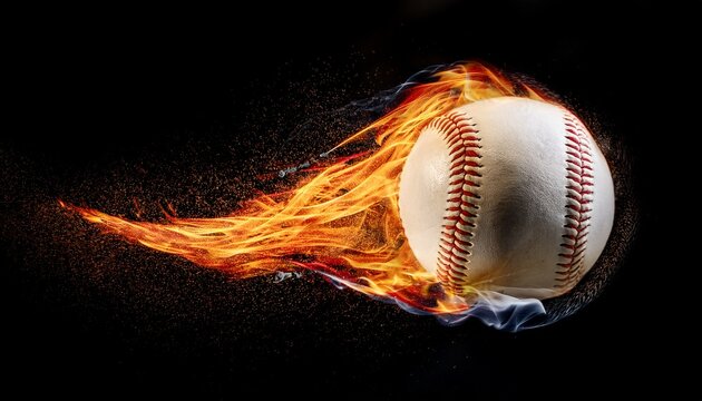 flaming softball ball in mid air with sparks and smoke on black background