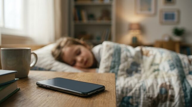 Smartphone Resting on Bedside Table While Child Sleeps Peacefully in Cozy Bedroom at Night