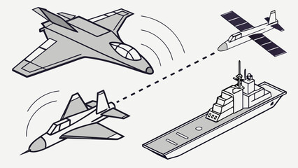 Isometric featuring a military fighter jet, a surveillance drone, and a naval warship connected by data lines on a white background © sabrina1122