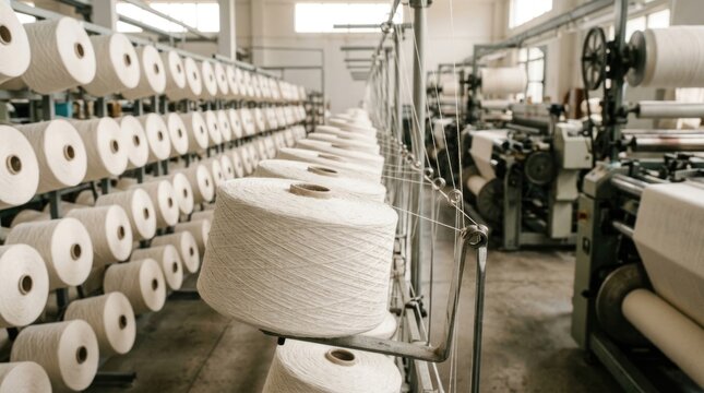 Industrial Textile Factory Interior with Large Cotton Yarn Spools and Modern Spinning Machines