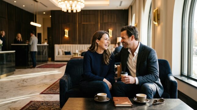 Happy Business Couple Enjoying Coffee Meeting in Elegant Hotel Lobby Lounge