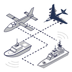 Military naval and aerial coordination concept with fighter jets and warships in a minimalist line style on white background © sabrina1122