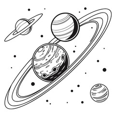Hand drawn black and white of saturn like planets with rings and small stars scattered on a clean white background, for coloring © sabrina1122