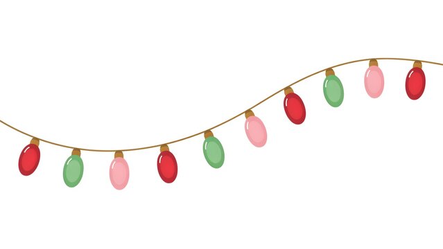 Colorful hanging christmas string lights with red green and pink bulbs for festive holiday decoration