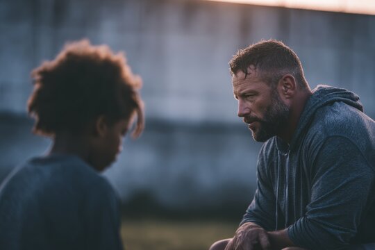 a children coach kneeling or crouching to talk to young athlete on the sidelines of a field. Soft natural lighting, genuine expressions, clean and simple background such as a gym wall or open field. 