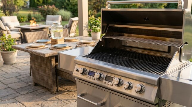 Modern stainless steel barbecue grill on a stylish backyard patio. Outdoor cooking, summer entertaining, home lifestyle, family gathering, backyard living.