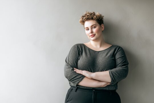 diverse plus-size woman standing confidently in a minimalist studio, wearing stylish, form-fitting clothing and looking directly at the camera with a smile. Neutral background, soft natural lighting. 