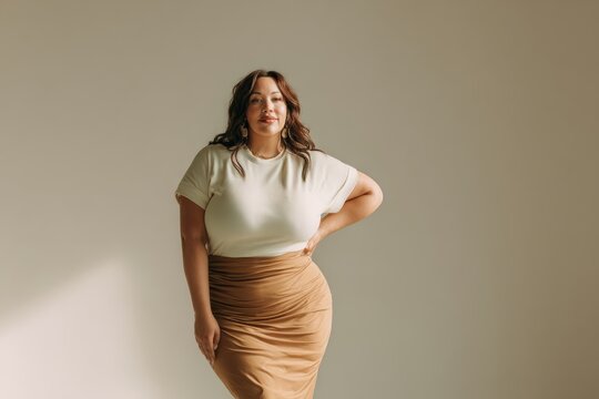 diverse plus-size woman standing confidently in a minimalist studio, wearing stylish, form-fitting clothing and looking directly at the camera with a smile. Neutral background, soft natural lighting. 