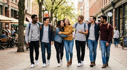 Obraz premium Happy Multiracial Group of Young Friends Walking Together and Laughing in a Vibrant Urban City Street