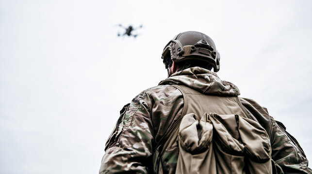 A low-angle, desaturated documentary photograph looking up from behind a soldier in full Multi-Terrain combat uniform. The soldier is looking directly up into a pale, cloudy sky at
