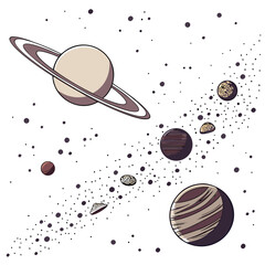 Hand drawn space featuring saturn with rings, various planets, and scattered stars on a clean white background, for science © sabrina1122