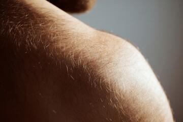 Fototapeta premium Body positive image - Detailed close-up of plus-size skin: shoulder, back, showcasing real texture, stretch marks, or body hair. Soft light and shadow on clean background. 