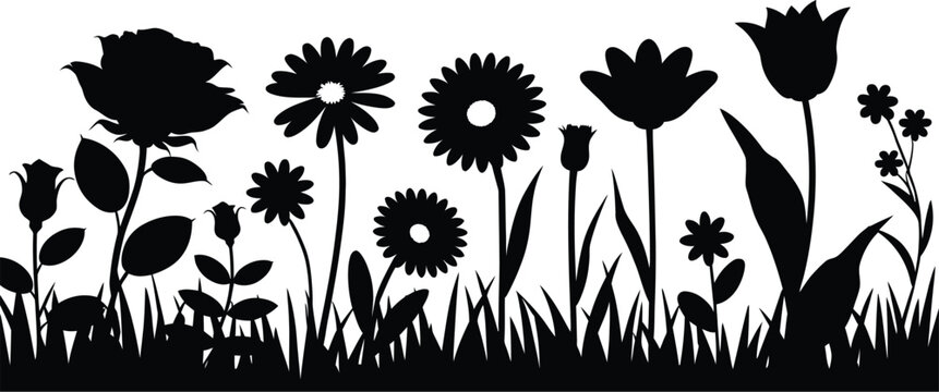 Beautiful summer garden flower silhouettes border with black wild blossoms and grass meadow isolated on white background vector illustration.