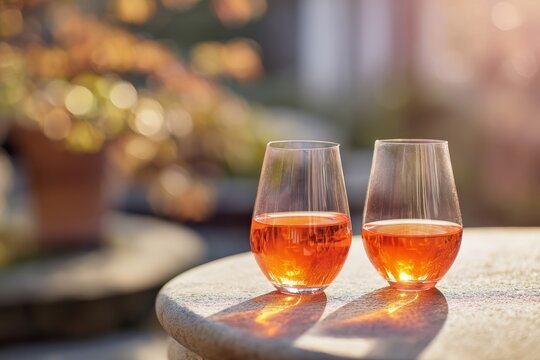 aperitif. Simple outdoor bistro setup with two orange wine glasses on a light wood or stone table. Soft sunlight, blurred fall background. No people