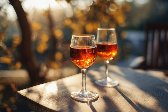 aperitif. Simple outdoor bistro setup with two orange wine glasses on a light wood or stone table. Soft sunlight, blurred fall background. No people
