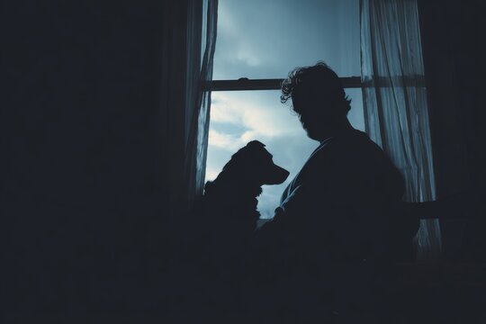 depression. feeling sad and depressed. Silhouette of person holding a pet and looking out the window reflectively. 