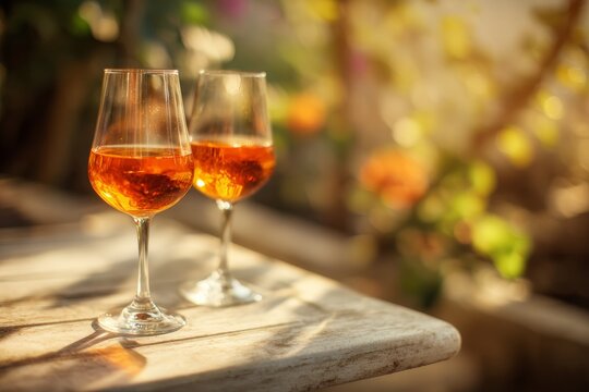 aperitif. Simple outdoor bistro setup with two orange wine glasses on a light wood or stone table. Soft sunlight, blurred fall background. No people