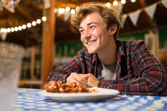 Teenager guy enjoying a plate of bratwurst or pretzels at an Oktoberfest-style table setup. Outdoor or indoor setting with simple decorations, soft lighting, and joyful expression.
