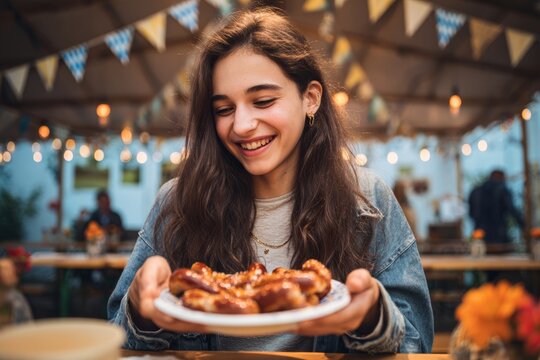 Teenager girl enjoying a plate of bratwurst or pretzels at an Oktoberfest-style table setup. Outdoor or indoor setting with simple decorations, soft lighting, and joyful expression.
