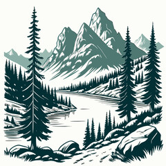 Obraz premium Serene mountain landscape with a winding river, dense pine forest, and snow capped peaks on a clean white background