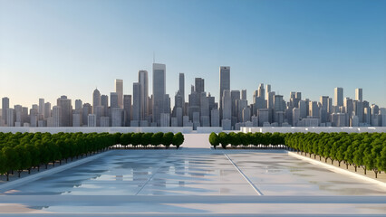 Fototapeta premium Modern Urban Park Plaza with Symmetric Tree Alleys and Panoramic Metropolitan City Skyline View