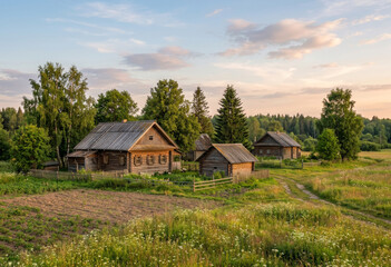 Construcción de cabañas de madera en un campo con vegetación y árboles en un paisaje rural © Serjio