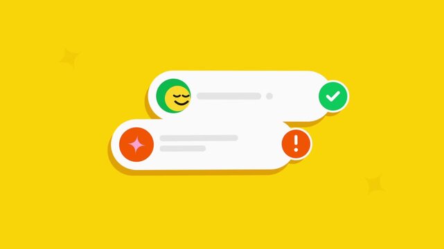 Animated motion graphics of white notification cards sliding across a vibrant yellow background with green checkmark success icons with notification interface elements