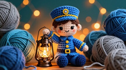 Obraz premium Cute crocheted doll in blue uniform holds old lantern. Cozy yarn balls surround figure. Soft lights twinkle in background. Handmade toy promotes warmth and craft.