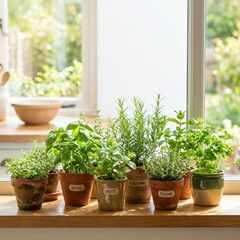Fototapeta premium Potted herbs growing on a sunny windowsill, home gardening, fresh cooking ingredients, natural lifestyle, indoor plants.