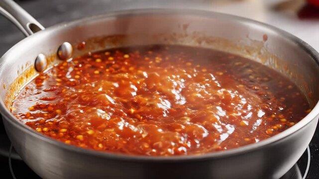Simmering Red Sauce in Stainless Steel Pan. Suitable for cooking tutorial content, homemade sauce recipes, Italian cuisine videos, and kitchen product demonstrations.