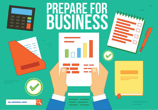 Business planning and preparation concept with financial reports and documents flat vector illustration