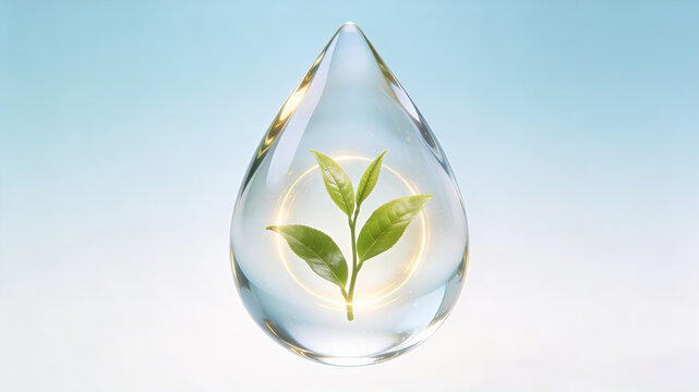 Transparent water droplets seal fresh and tender tea leaves and buds, representing the concept of tea polyphenols controlling oil, astringing pores, and natural tea based skincare

