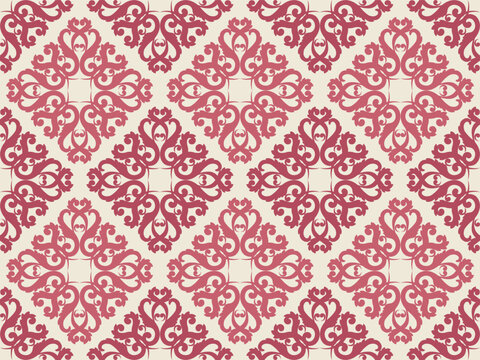 Elegant seamless damask vector pattern featuring intricate square baroque motifs in burgundy red on a soft cream background. Luxury classic vintage design perfect for wallpaper, fabric textile.