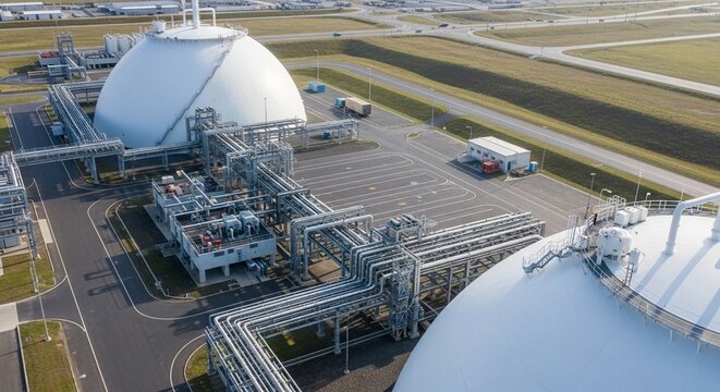 Aerial view of a large-scale liquefied natural gas LNG terminal facility with complex pipeline infrastructure
