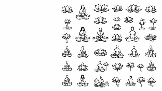 Monochrome Buddha Meditation Lotus Icon Set.