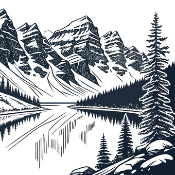 Vintage style ink of a mountain landscape with tall pine trees in the foreground and a calm lake reflecting the jagged snowy peaks