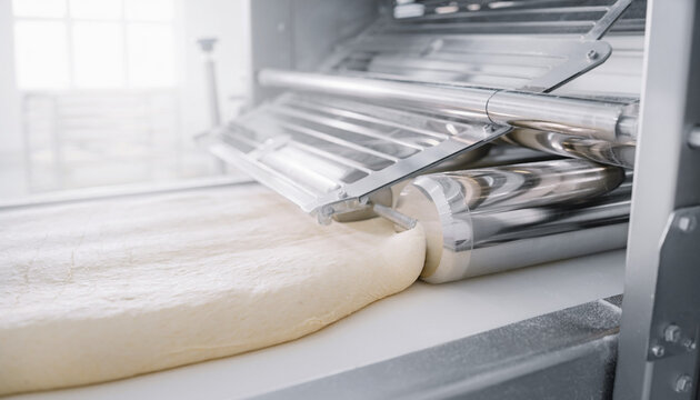 Close-up of fresh raw dough moving through a stainless steel commercial roller machine on a white conveyor belt system inside a modern industrial bakery factory kitchen.