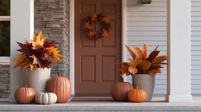 Autumn front door with pumpkins and wreath for halloween home entry decoration