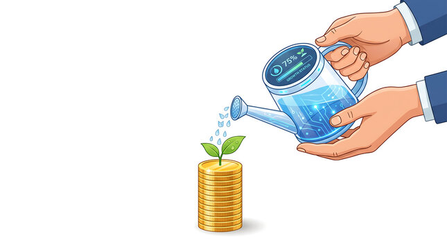 Hands watering plant on gold coins vector illustration