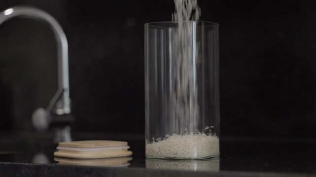White Rice Being Poured into Glass Storage Jar on a kitchen countertop, creating a food storage scene