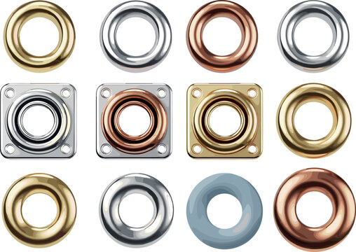 Metal eyelets, grommets and rivets vector set, realistic metallic hardware elements for clothing and banner design