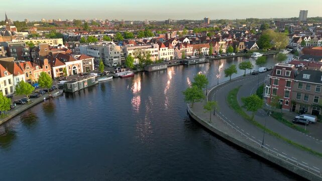 Canal in Haarlem town, the former Capital of the Netherlands. Aerial Filming from the air with a drone at sunset Time