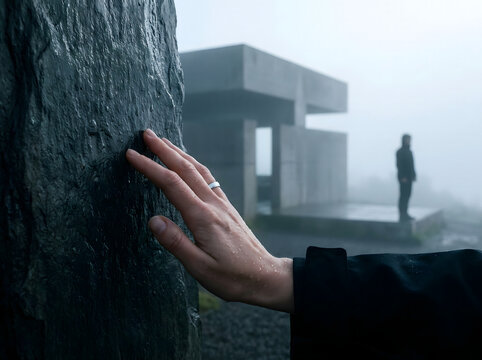 Detalle de mano tocando una roca mojada en un d&iacute;a de niebla con un monumento brutalista y una silueta de fondo