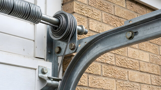 Detailed Close-up of a Residential Garage Door Torsion Spring Mechanism with Steel Cable Drum, Curved Metal Track, and Brackets for Home Repair, Maintenance, and Installation Projects.