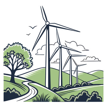 Hand drawn of wind turbines on rolling green hills with a large tree and a winding road under a sky with fluffy white clouds