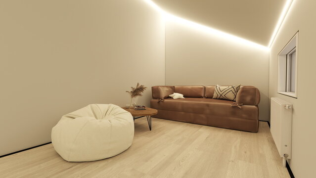 Minimalist lounge with a soft bean bag, modern sofa, warm LED lighting, and neutral tones, creating a cozy, elegant interior designed for relaxation and everyday comfort
