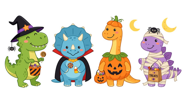 Halloween dinosaurs in costumes smiling and holding candy