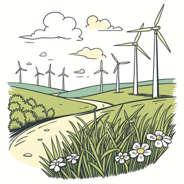 Of a wind farm with turbines on rolling green hills featuring a winding path and white flowers in the foreground meadow