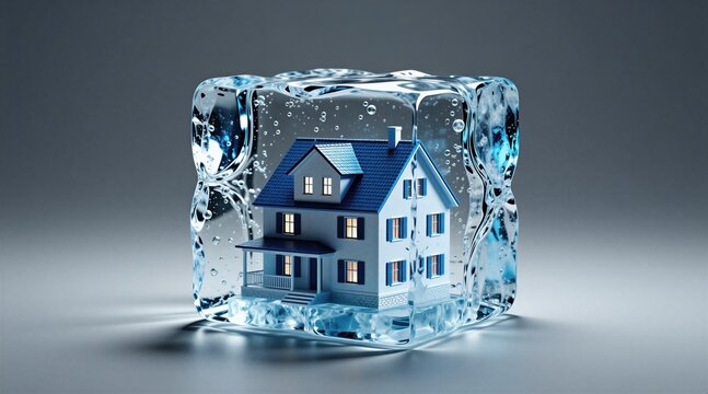 Small house is frozen inside transparent ice cube. Blue roof house with lights on sits in ice block, surrounded by water bubbles. Concept for winter property freeze.