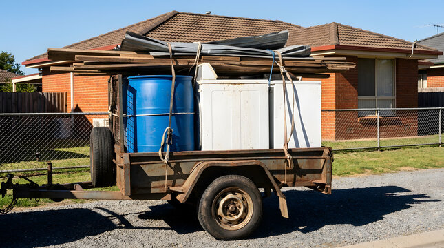 Overloaded rusty utility trailer filled with discarded junk, blue plastic barrels, white household appliances, and wooden planks parked in front of a suburban brick house during renovation.